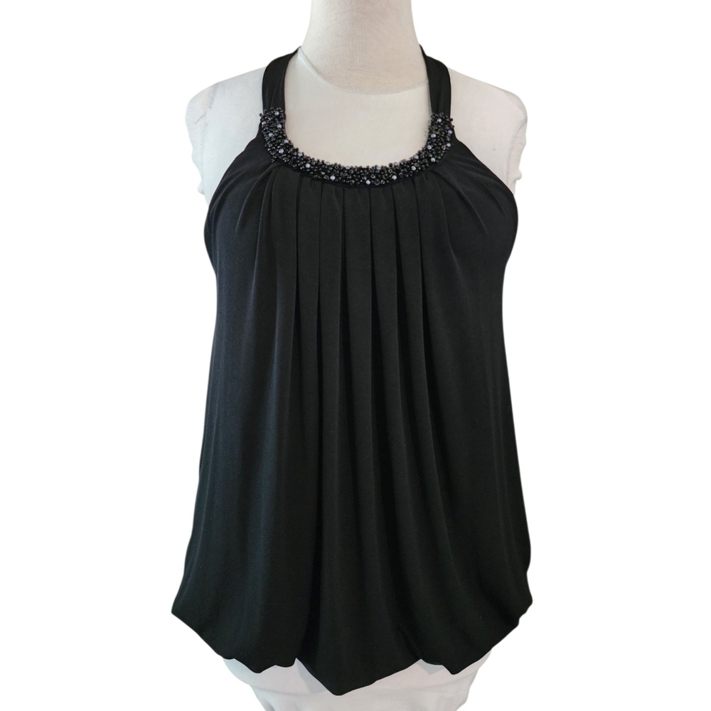 ALLEN B Sleeveless Black Halter Bubble Top Lined Beaded Neck Blouse Women's L